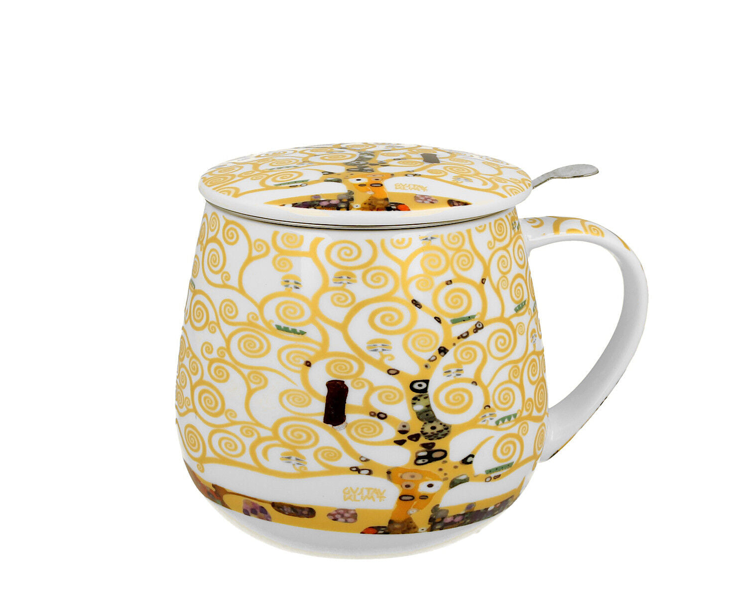 DUO ART GALLERY Becher 430 ml mit Teesieb TREE OF LIFE ECRU inspired by Gustav Klimt New Bone China Porzellan