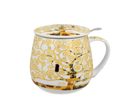 DUO ART GALLERY Becher 430 ml mit Teesieb TREE OF LIFE ECRU inspired by Gustav Klimt New Bone China Porzellan