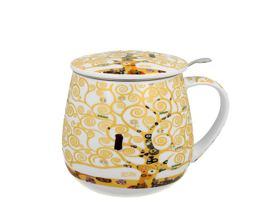 DUO ART GALLERY Becher 430 ml mit Teesieb TREE OF LIFE ECRU inspired by Gustav Klimt New Bone China Porzellan