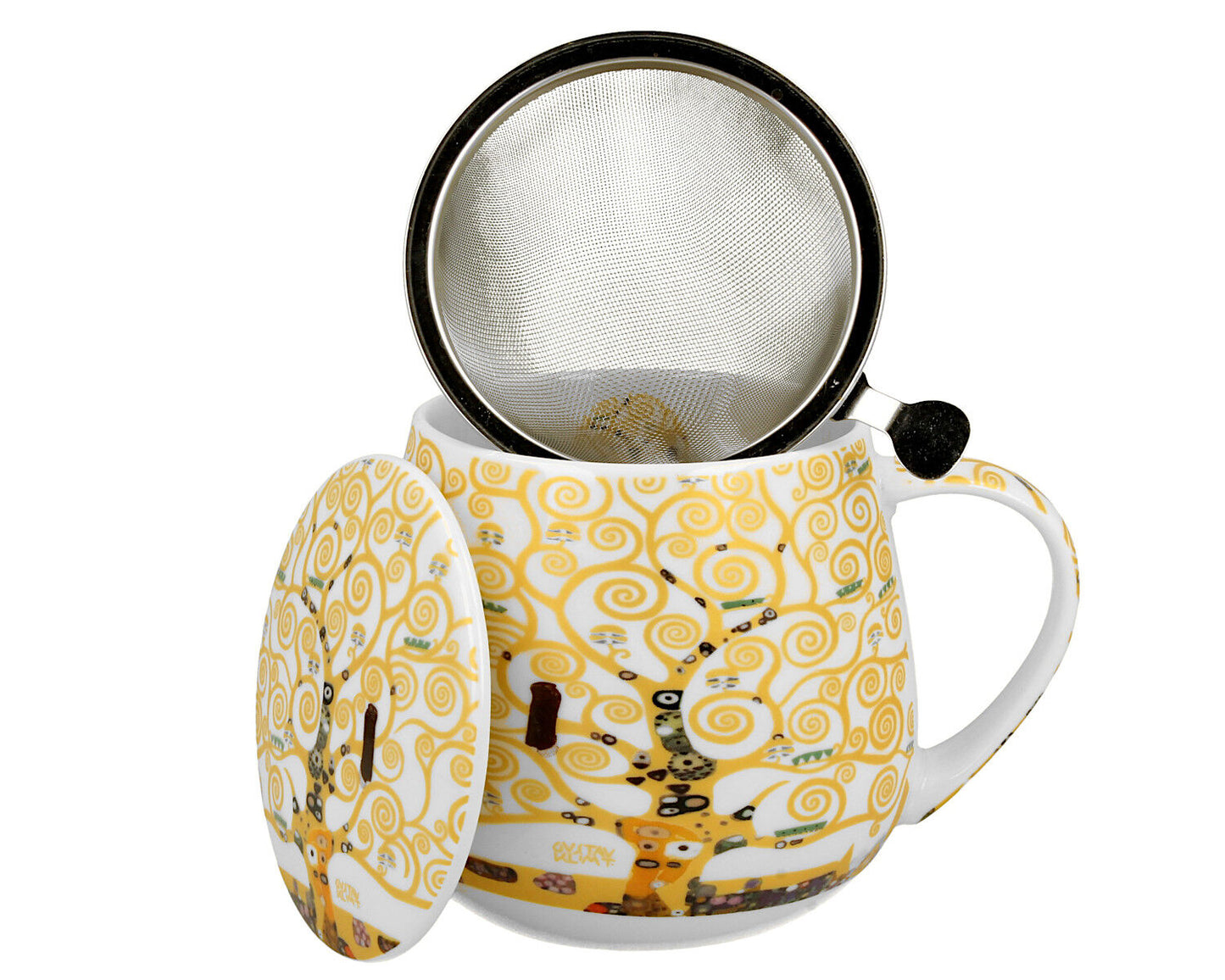 DUO ART GALLERY Becher 430 ml mit Teesieb TREE OF LIFE ECRU inspired by Gustav Klimt New Bone China Porzellan – Bild 2