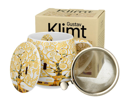 DUO ART GALLERY Becher 430 ml mit Teesieb TREE OF LIFE ECRU inspired by Gustav Klimt New Bone China Porzellan – Bild 3