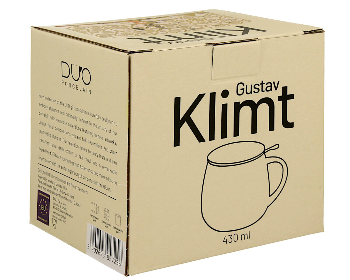 DUO ART GALLERY Becher 430 ml mit Teesieb TREE OF LIFE ECRU inspired by Gustav Klimt New Bone China Porzellan – Bild 4
