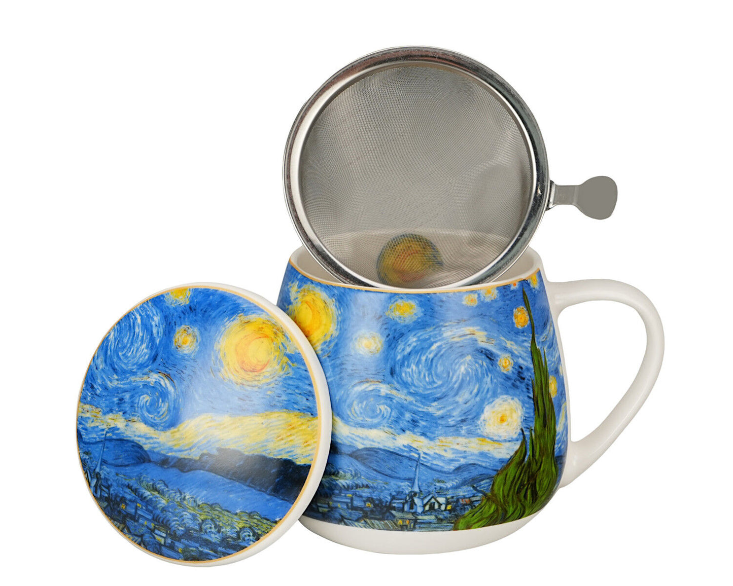 DUO ART GALLERY Fassbecher 430 ml mit Teesieb STARRY NIGHT inspired by Van Gogh, New Bone China Porzellan