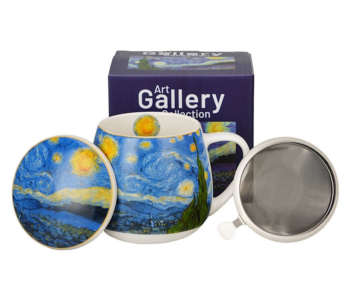 DUO ART GALLERY Fassbecher 430 ml mit Teesieb STARRY NIGHT inspired by Van Gogh, New Bone China Porzellan – Bild 3