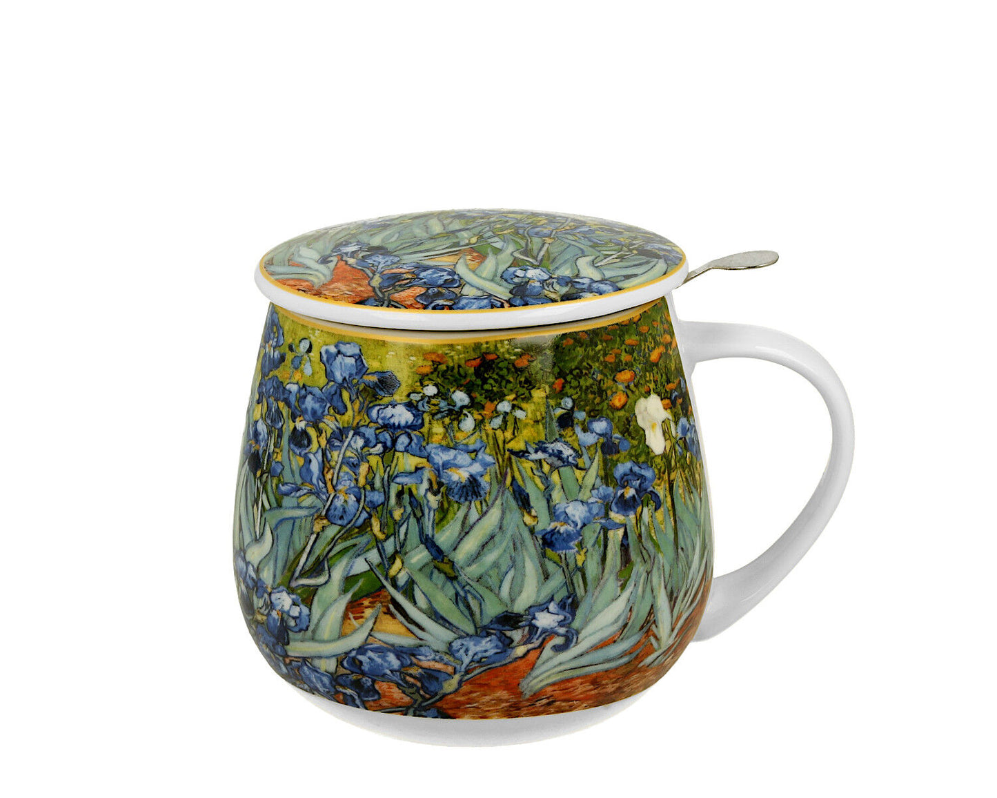 DUO ART GALLERY Fassbecher 430 ml mit Teesieb IRISES inspired by Van Gogh, New Bone China Porzellan