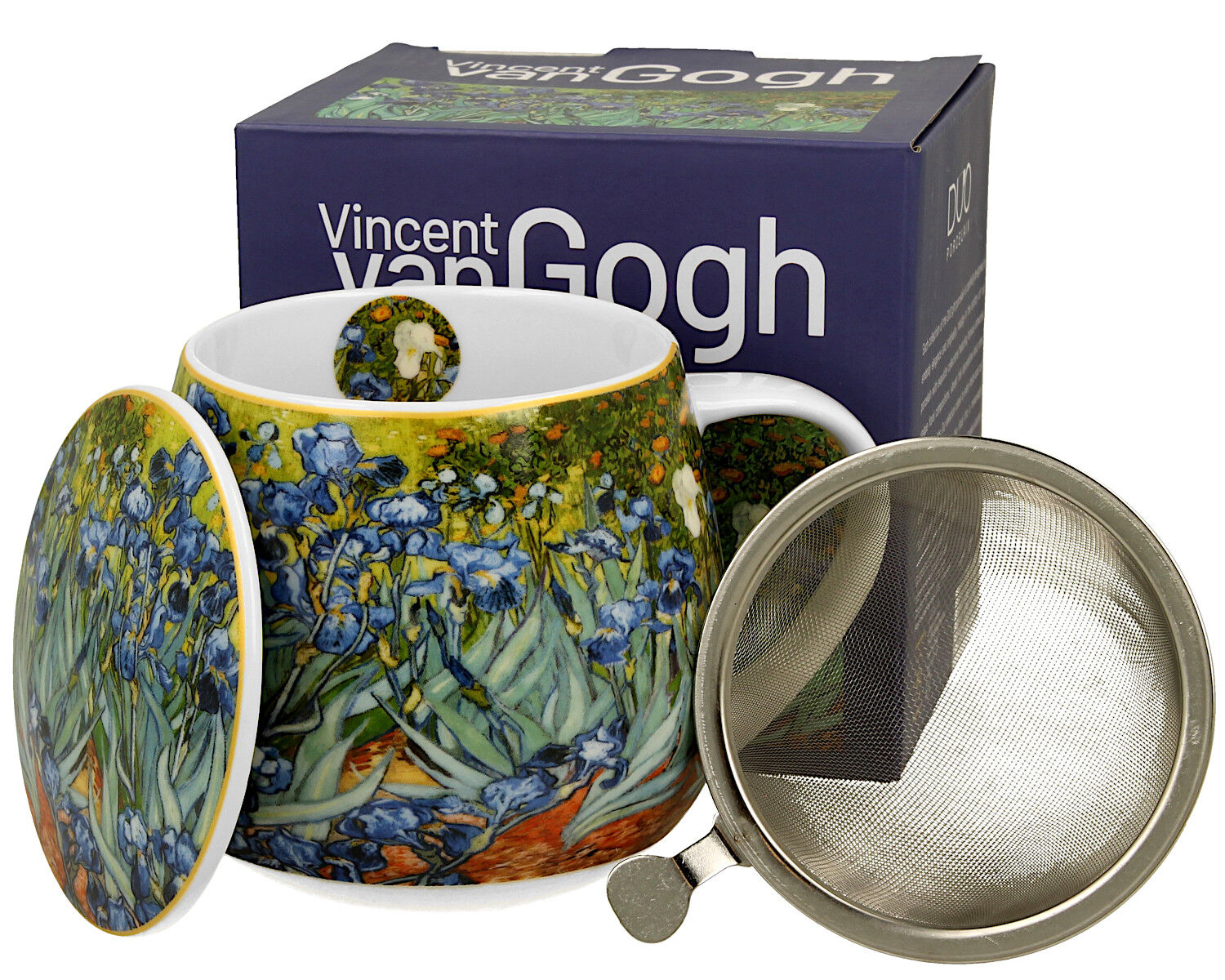 DUO ART GALLERY Fassbecher 430 ml mit Teesieb IRISES inspired by Van Gogh, New Bone China Porzellan – Bild 3