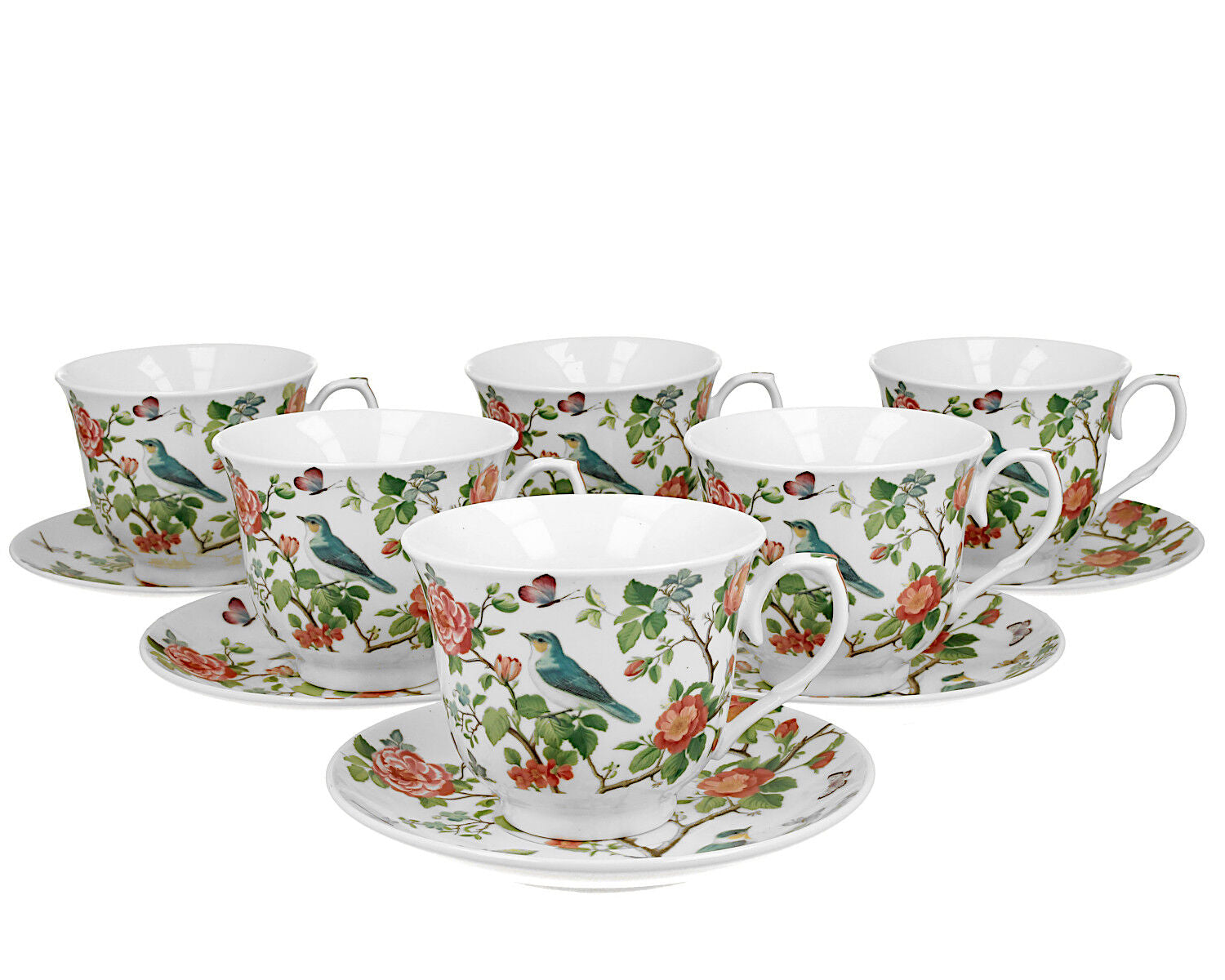 DUO CROCUS Kollektion 6er-Set Tassen BIRDS ON A BRANCH mit Untertasse, New Bone China Porzellan