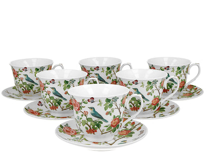 DUO CROCUS Kollektion 6er-Set Tassen BIRDS ON A BRANCH mit Untertasse, New Bone China Porzellan