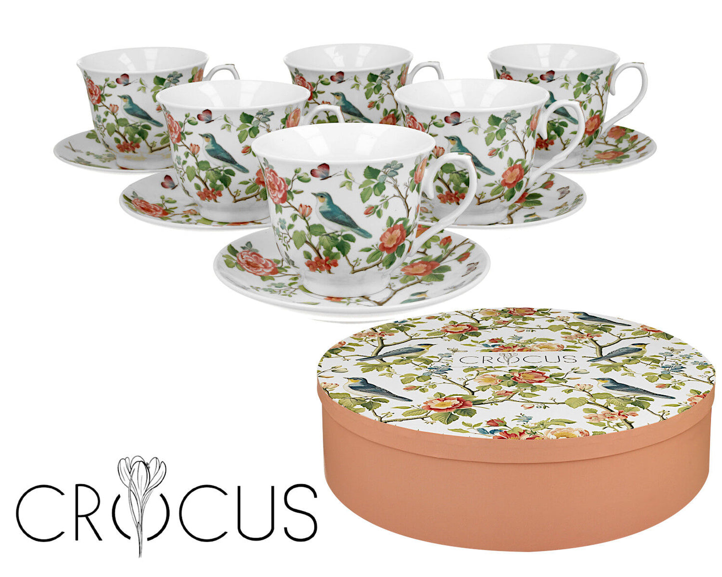 DUO CROCUS Kollektion 6er-Set Tassen BIRDS ON A BRANCH mit Untertasse, New Bone China Porzellan – Bild 2