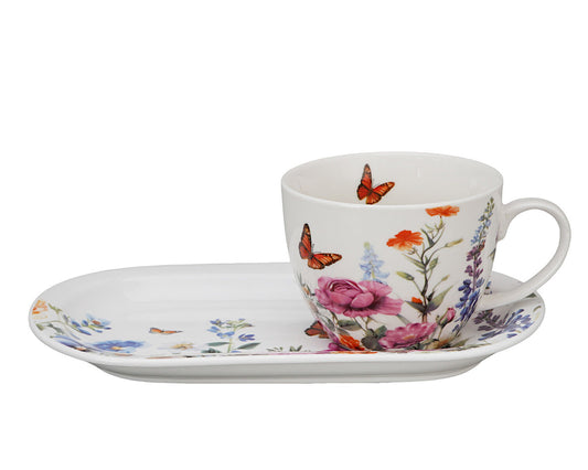DUO Flowers Classic SUMMER Frühstücks-Set Tasse 450 ml mit langem Unterteller, New Bone China Porzellan