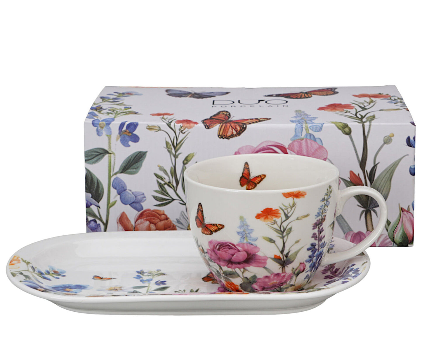 DUO Flowers Classic SUMMER Frühstücks-Set Tasse 450 ml mit langem Unterteller, New Bone China Porzellan – Bild 2