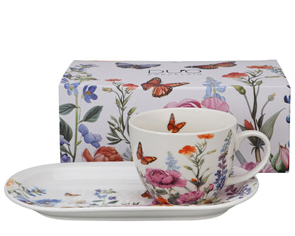 DUO Flowers Classic SUMMER Frühstücks-Set Tasse 450 ml mit langem Unterteller, New Bone China Porzellan – Bild 2