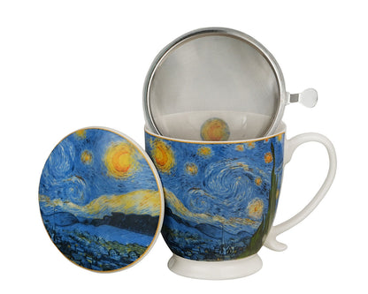 DUO ART GALLERY Becher 500 ml mit Fuß und Teesieb STARRY NIGHT inspired by Van Gogh, New Bone China Porzellan – Bild 6