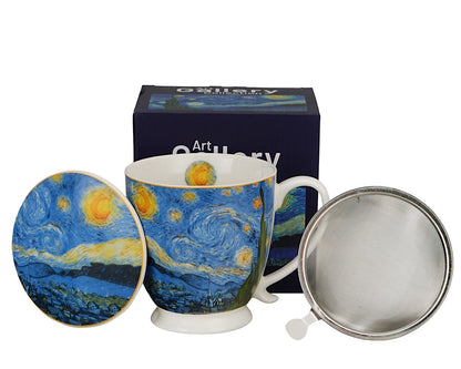 DUO ART GALLERY Becher 500 ml mit Fuß und Teesieb STARRY NIGHT inspired by Van Gogh, New Bone China Porzellan – Bild 4
