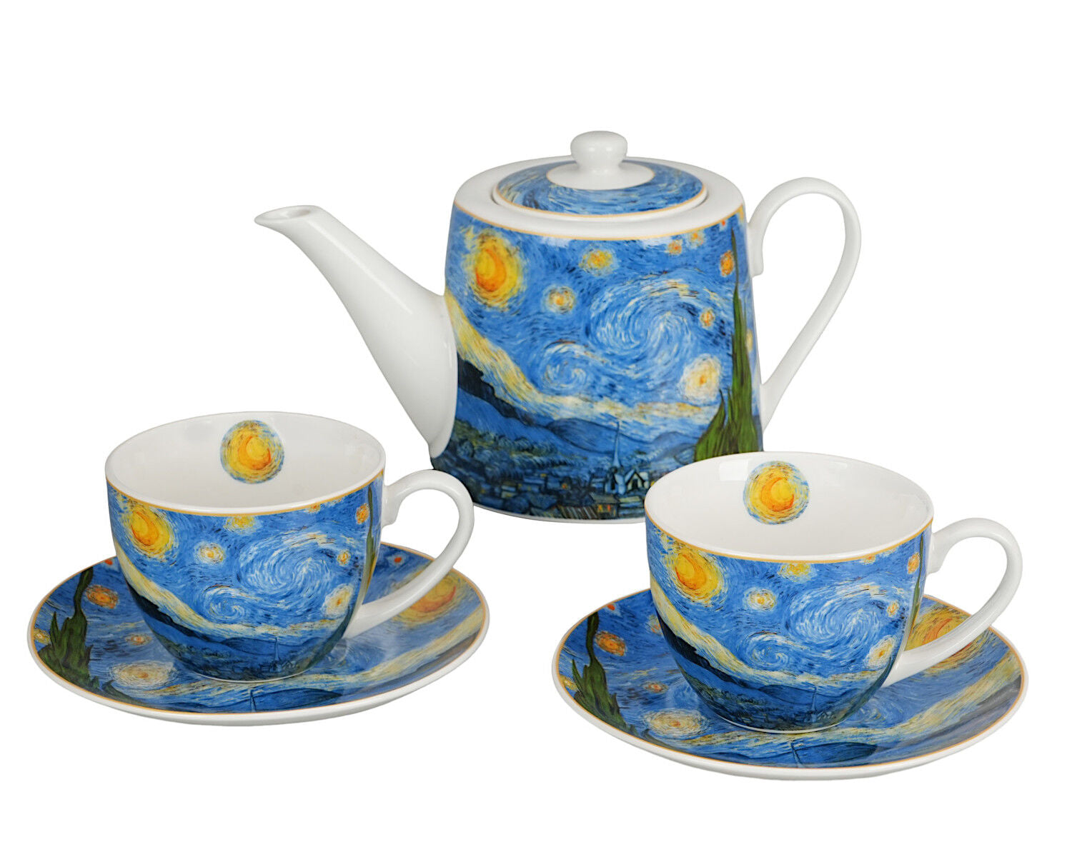 DUO ART GALLERY Teekanne mit 2 Tassen und Teesieb STARRY NIGHT inspired by Van Gogh, New Bone China Porzellan