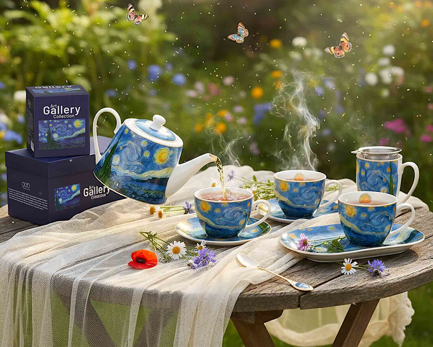 DUO ART GALLERY Teekanne mit 2 Bechern und Teesieb STARRY NIGHT inspired by Van Gogh, New Bone China Porzellan – Bild 6