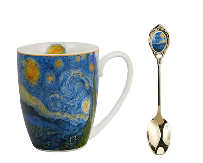 DUO ART GALLERY Klassischer Becher 360 ml mit Löffel STARRY NIGHT inspired by Van Gogh New Bone China Porzellan