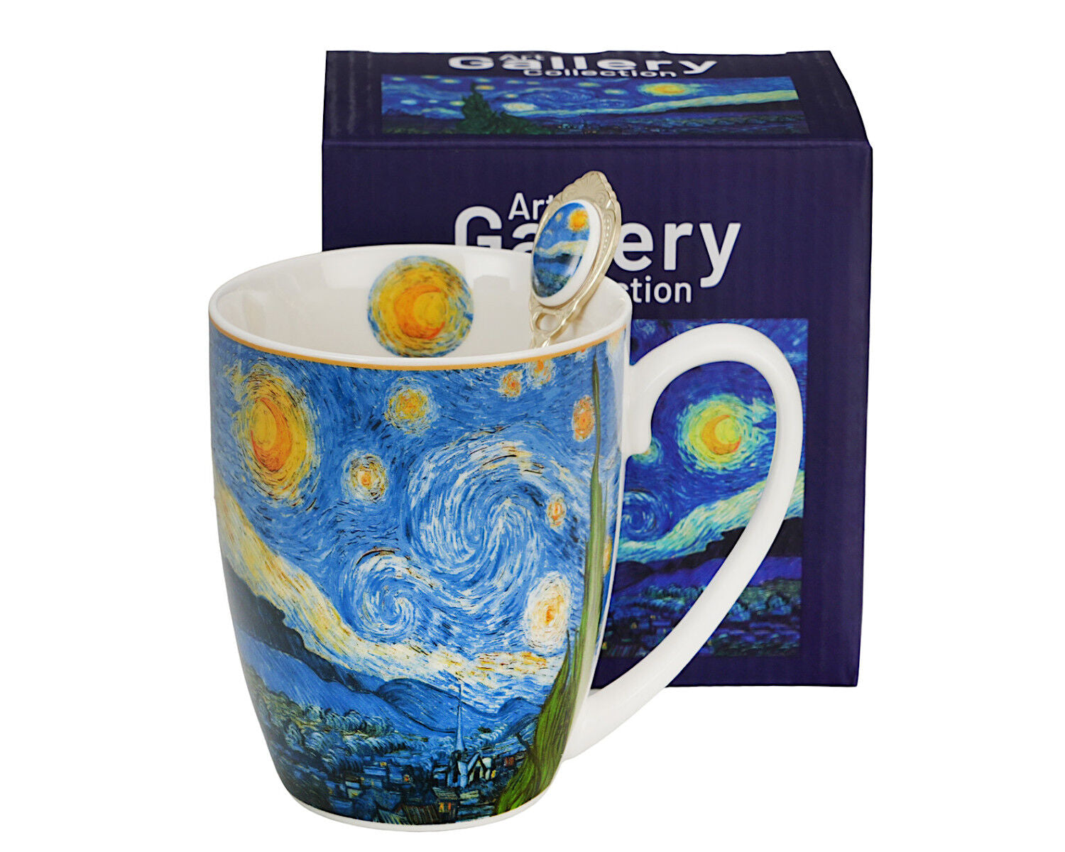DUO ART GALLERY Klassischer Becher 360 ml mit Löffel STARRY NIGHT inspired by Van Gogh New Bone China Porzellan – Bild 2