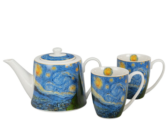 DUO ART GALLERY Teekanne mit 2 Bechern und Teesieb STARRY NIGHT inspired by Van Gogh, New Bone China Porzellan