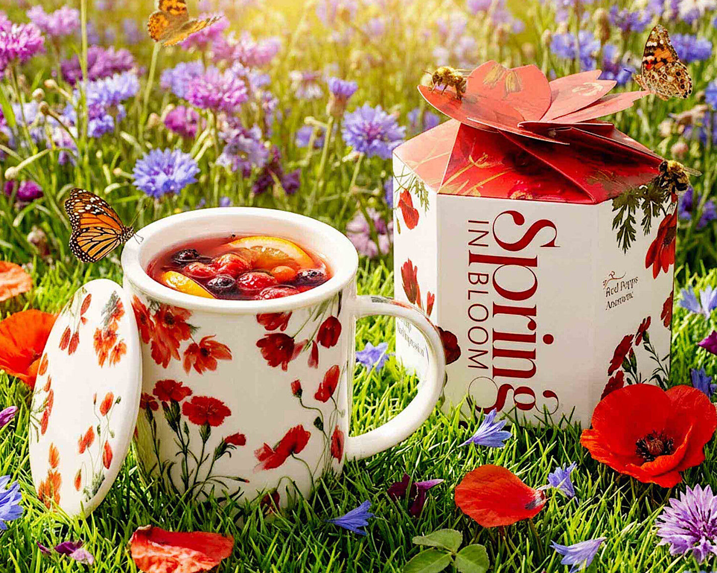 DUO Spring in bloom Becher 400 ml RED FLOWERS mit Teesieb und Deckel, New Bone China Porzellan – Bild 9