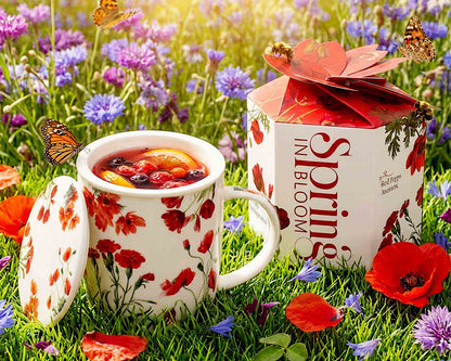 DUO Spring in bloom Becher 400 ml RED FLOWERS mit Teesieb und Deckel, New Bone China Porzellan – Bild 9