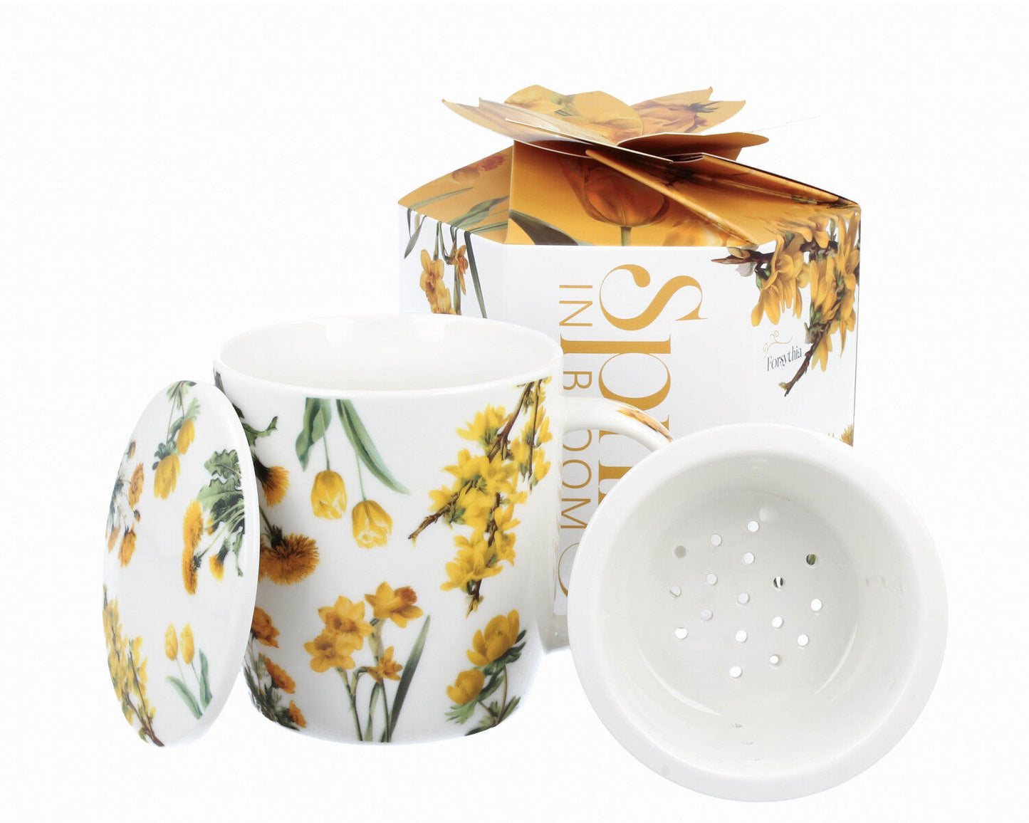 DUO Spring in bloom Becher 400 ml YELLOW FLOWERS mit Teesieb und Deckel, New Bone China Porzellan – Bild 5