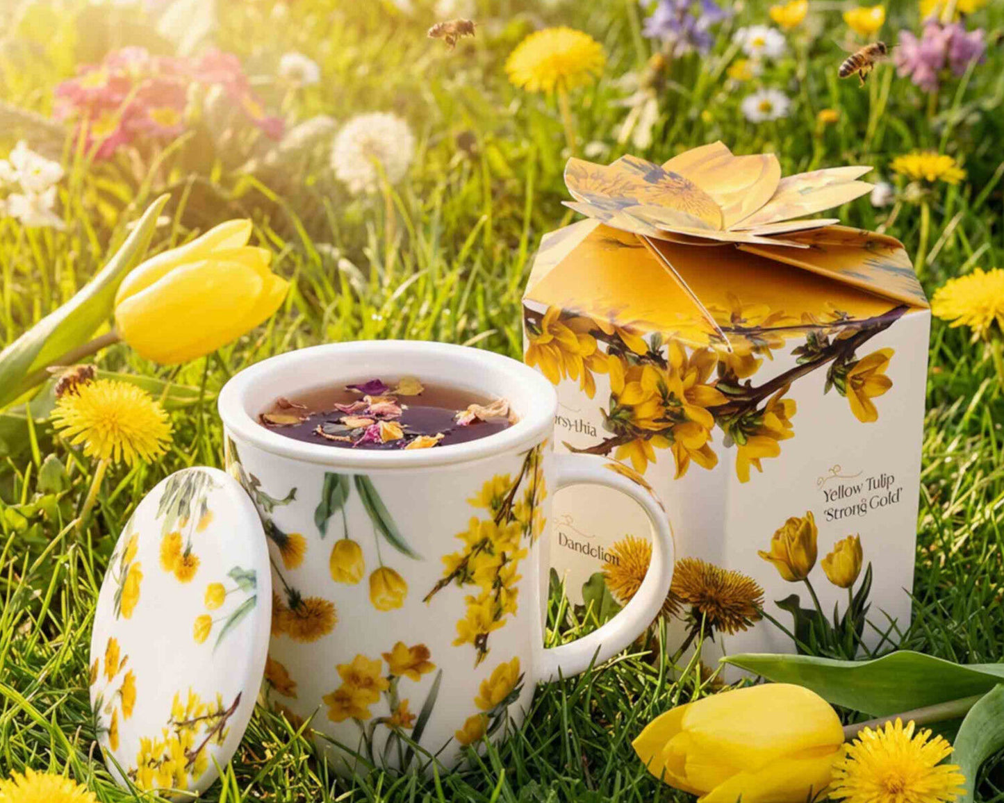 DUO Spring in bloom Becher 400 ml YELLOW FLOWERS mit Teesieb und Deckel, New Bone China Porzellan – Bild 8