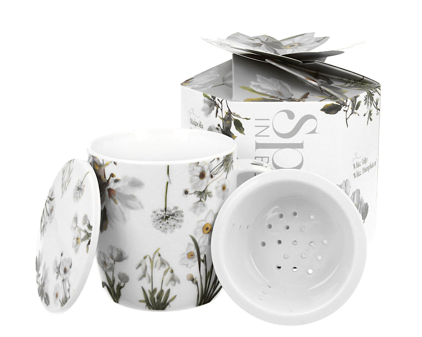 DUO Spring in bloom Becher 400 ml WHITE FLOWERS mit Teesieb und Deckel, New Bone China Porzellan – Bild 5