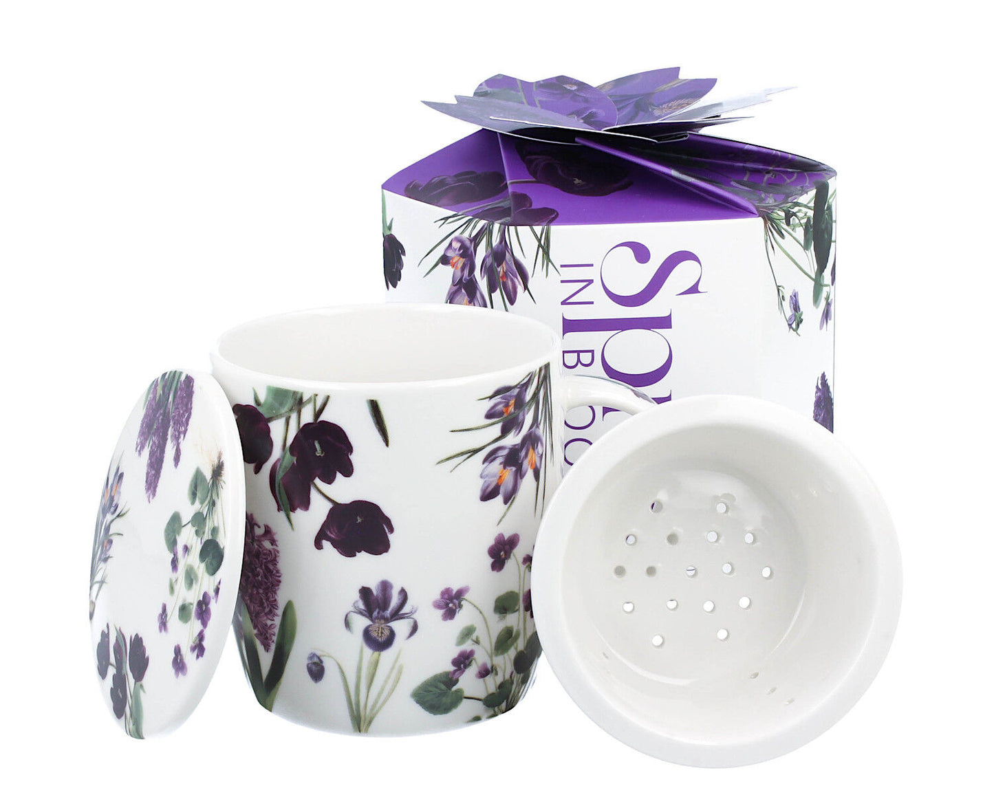 DUO Spring in bloom Becher 400 ml PURPLE FLOWERS mit Teesieb und Deckel, New Bone China Porzellan – Bild 9