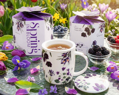 DUO Spring in bloom Becher 400 ml PURPLE FLOWERS mit Teesieb und Deckel, New Bone China Porzellan
