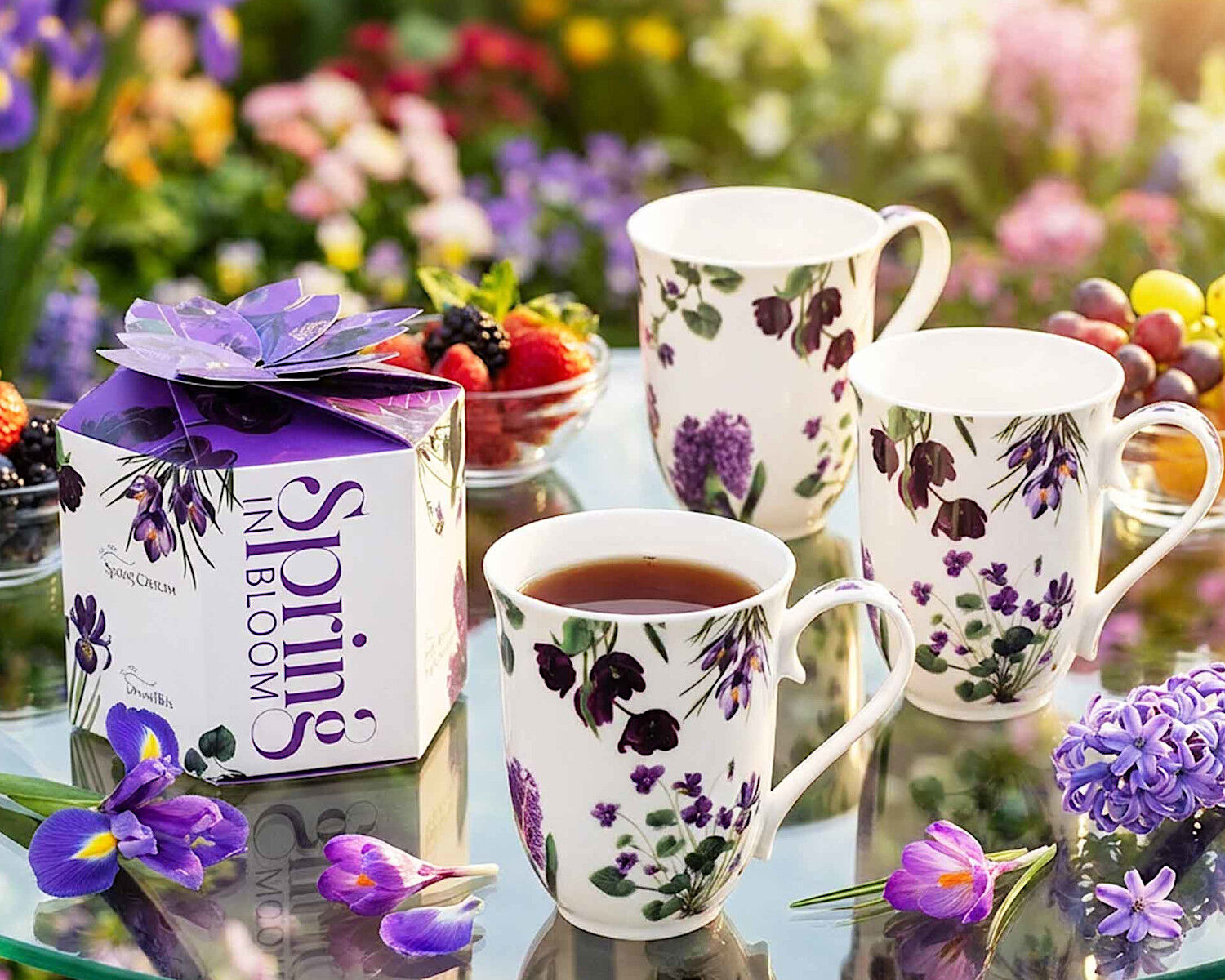 DUO Spring in bloom Becher 460 ml PURPLE FLOWERS in dekorativer Box, New Bone China Porzellan