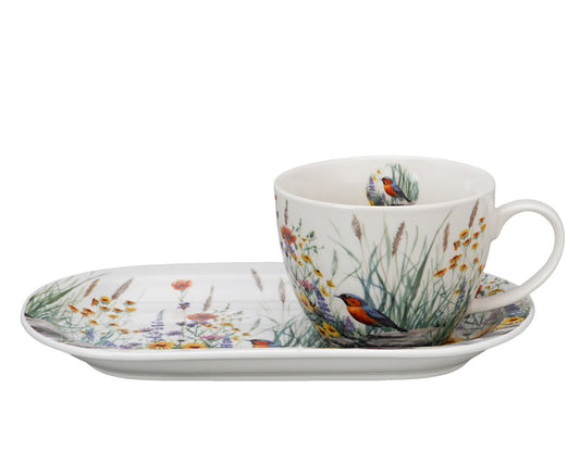 DUO Flowers Classic JULY Frühstücks-Set Tasse 450 ml mit langem Unterteller, New Bone China Porzellan
