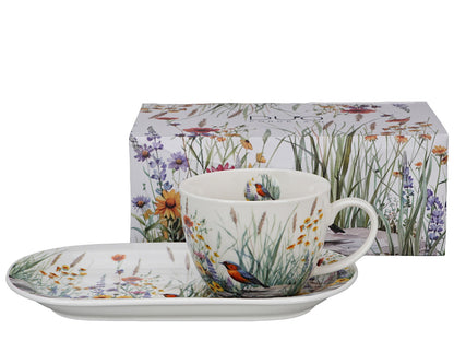 DUO Flowers Classic JULY Frühstücks-Set Tasse 450 ml mit langem Unterteller, New Bone China Porzellan – Bild 2