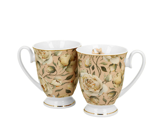 DUO GOLDEN LINE 2er Set Becher mit Fuß 320 ml ENGLISH ROSES CREAM, New Bone China Porzellan