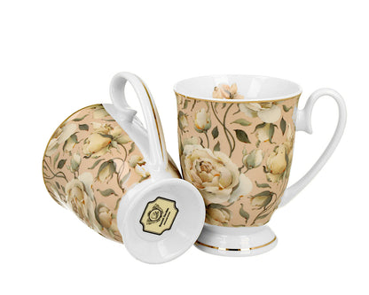 DUO GOLDEN LINE 2er Set Becher mit Fuß 320 ml ENGLISH ROSES CREAM, New Bone China Porzellan – Bild 2