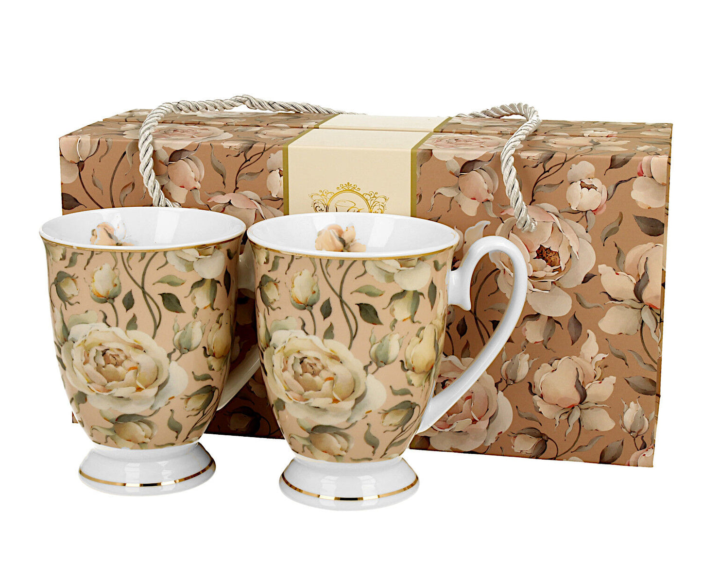 DUO GOLDEN LINE 2er Set Becher mit Fuß 320 ml ENGLISH ROSES CREAM, New Bone China Porzellan – Bild 3