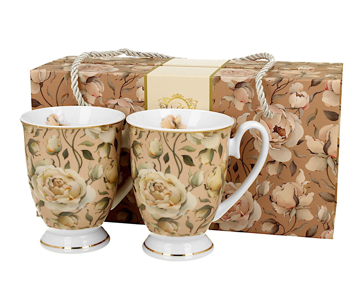 DUO GOLDEN LINE 2er Set Becher mit Fuß 320 ml ENGLISH ROSES CREAM, New Bone China Porzellan – Bild 3