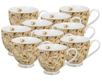 10er SET DUO GOLDEN LINE Becher mit Fuß 530 ml ENGLISH ROSES CREAM, New Bone China Porzellan