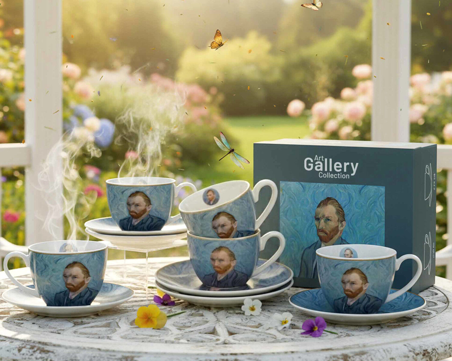 DUO ART GALLERY 2er-Set Espressotasse mit Untertasse PORTRAIT OF Van Gogh, New Bone China Porzellan – Bild 8