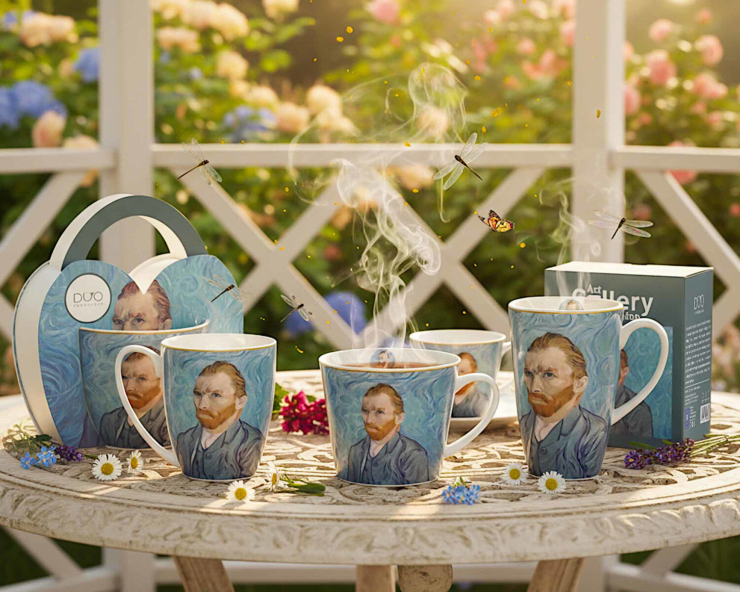 DUO ART GALLERY 2er-Set klassischer Becher 360 ml PORTRAIT OF Van Gogh, New Bone China Porzellan