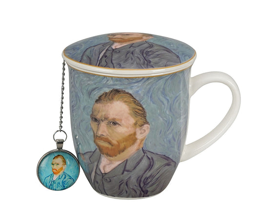 DUO ART GALLERY Becher 400 ml mit Teesieb PORTRAIT OF Van Gogh, New Bone China Porzellan