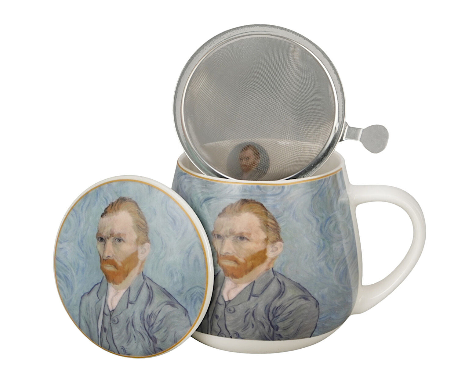 DUO ART GALLERY Fassbecher 430 ml mit Teesieb PORTRAIT OF Van Gogh, New Bone China Porzellan – Bild 7