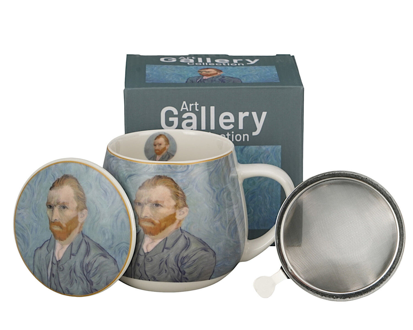 DUO ART GALLERY Fassbecher 430 ml mit Teesieb PORTRAIT OF Van Gogh, New Bone China Porzellan – Bild 6