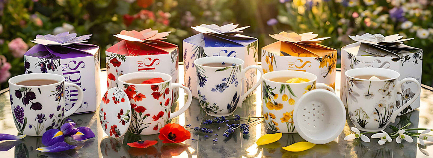 DUO Spring in bloom Becher 400 ml PURPLE FLOWERS mit Teesieb und Deckel, New Bone China Porzellan – Bild 10
