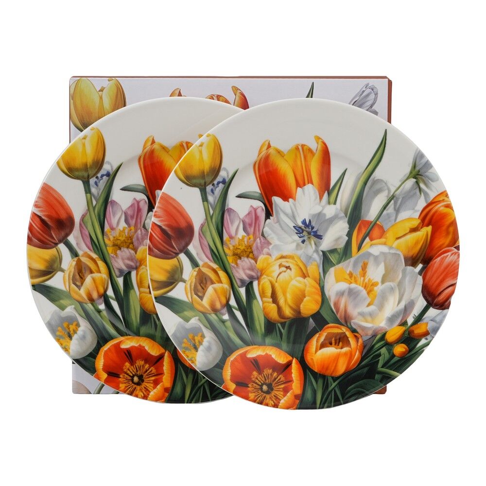 DUO Flowers Classic Dessertteller 2er-Set TULIPANY, New Bone China Porzellan, im Geschenkkarton