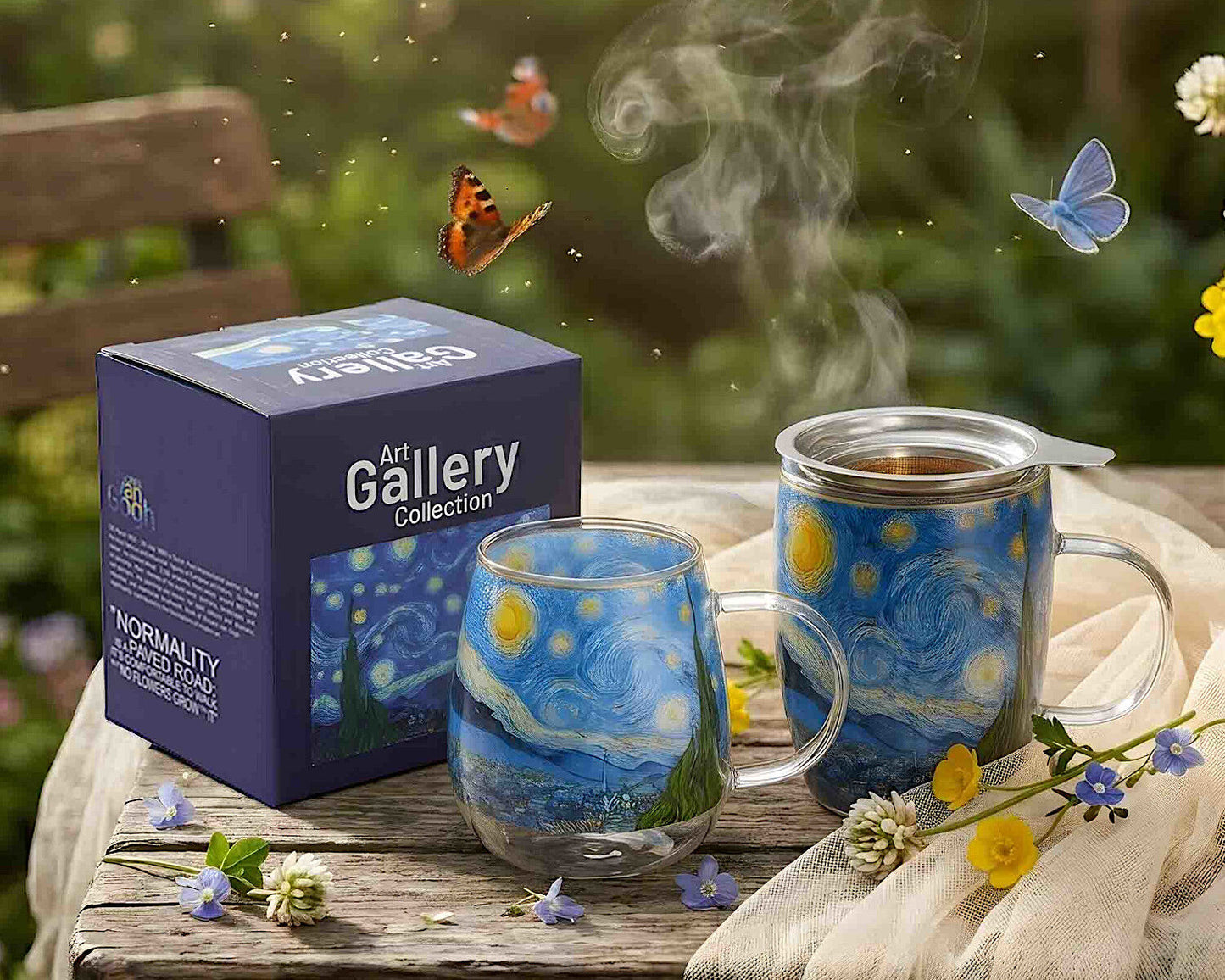 DUO ART GALLERY Glasbecher 350 ml STARRY NIGHT inspired by Van Gogh, doppelwandiges Kristallglas