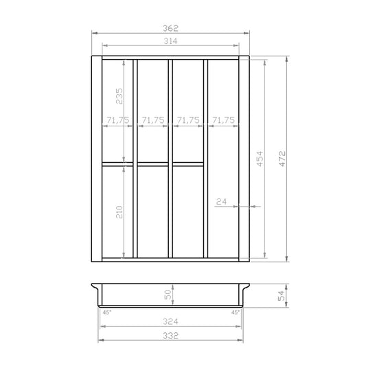 Besteckeinsatz 45er Schubl. B 362 x T 472 mm passend für EASY Classic Blum Tandem 19 mm Schubladen
