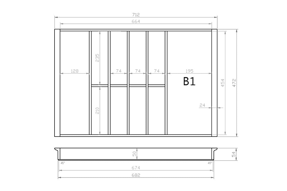 Besteckeinsatz 80er Schubl. B 712 x T 472 mm passend für Blum Tandem 19 mm Schubladen