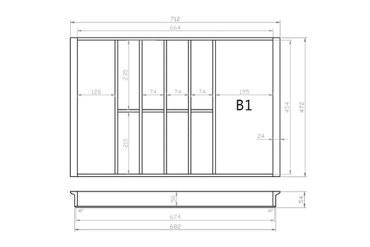 Besteckeinsatz 80er Schubl. B 712 x T 472 mm passend für Blum Tandem 19 mm Schubladen