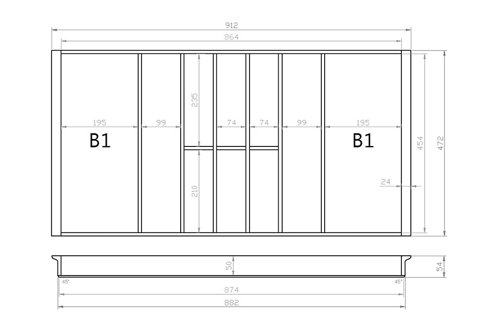 Besteckeinsatz 100er Schubl. B 912 x T 472 mm passend für Blum Tandem 19 mm Schubladen